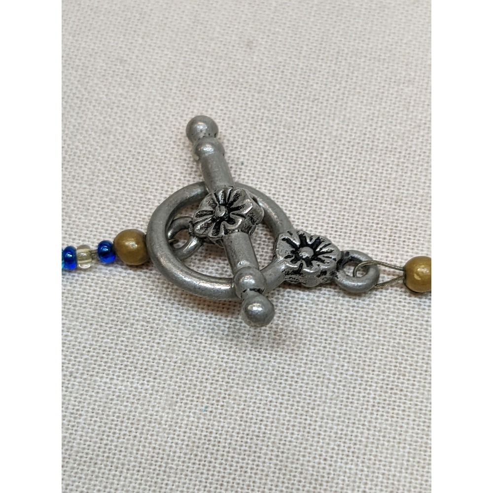 Art Glass Beaded Necklace Blue Swirl Beads Silver Tone Floral Toggle Clasp ~17" - Picture 4 of 7